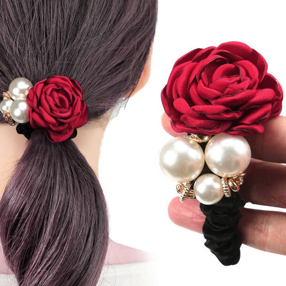 1pc Vrouwen Chouchou Grote Rose Bloem Parel Strass Haarband Accessoires Bands Elastische Haar Touw Ring voor Meisjes Daisy Koreaanse
