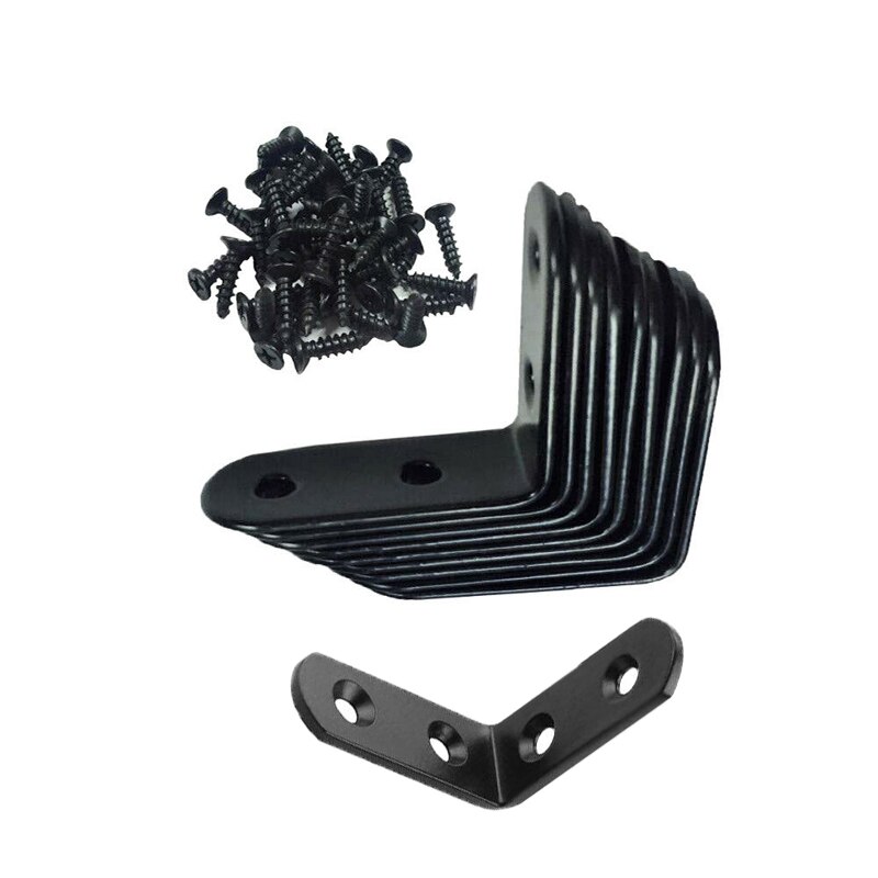 10Pcs Corner Brackets Fitting Black Iron Corner Braces Brackets Fasteners Right Angle L Shape Ron Brace Bracket+Screws Hardware