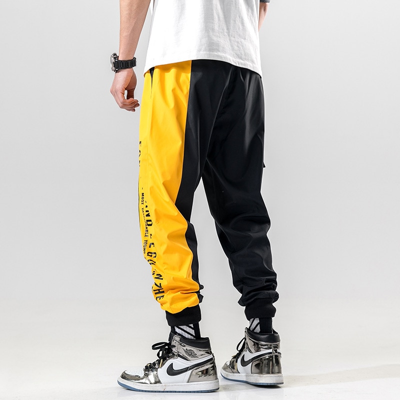 Men Side Striped Joggers Mens Japanese Streetwear Patchwork Sweatpants Male Hip Hop Track Pants Yellow Trousers