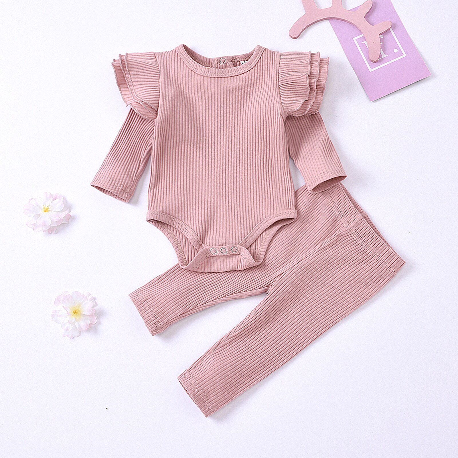 -né solide à volants ensemble de vêtements bébé garçons filles solide tricoté barboteuse hauts + pantalons ensembles tenues infantile enfants doux vêtements costume