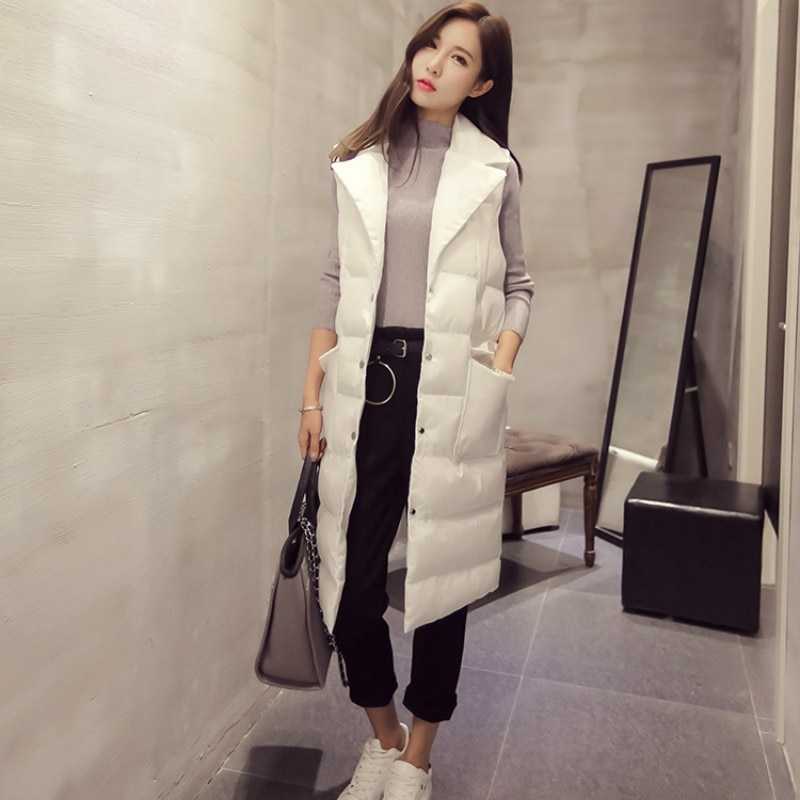Yasuguoji Mode Enkele Breasted Vrouwen Winter Vest Dikker Mouwloze Jas Vrouwen Turn-Down Kraag Lange Vest Vrouwen