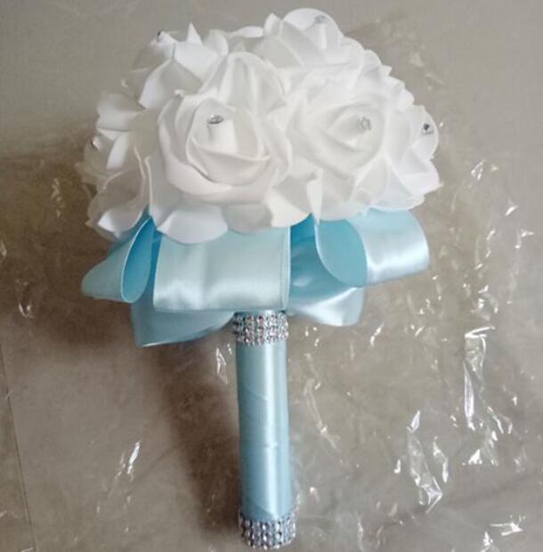 AYiCuthia Romantische Bruiloft Boeket Bruid Bruidsmeisje Bruiloft Decoratie Foam Bloemen Rose Bruidsboeket White Satin Holding S30: light blue