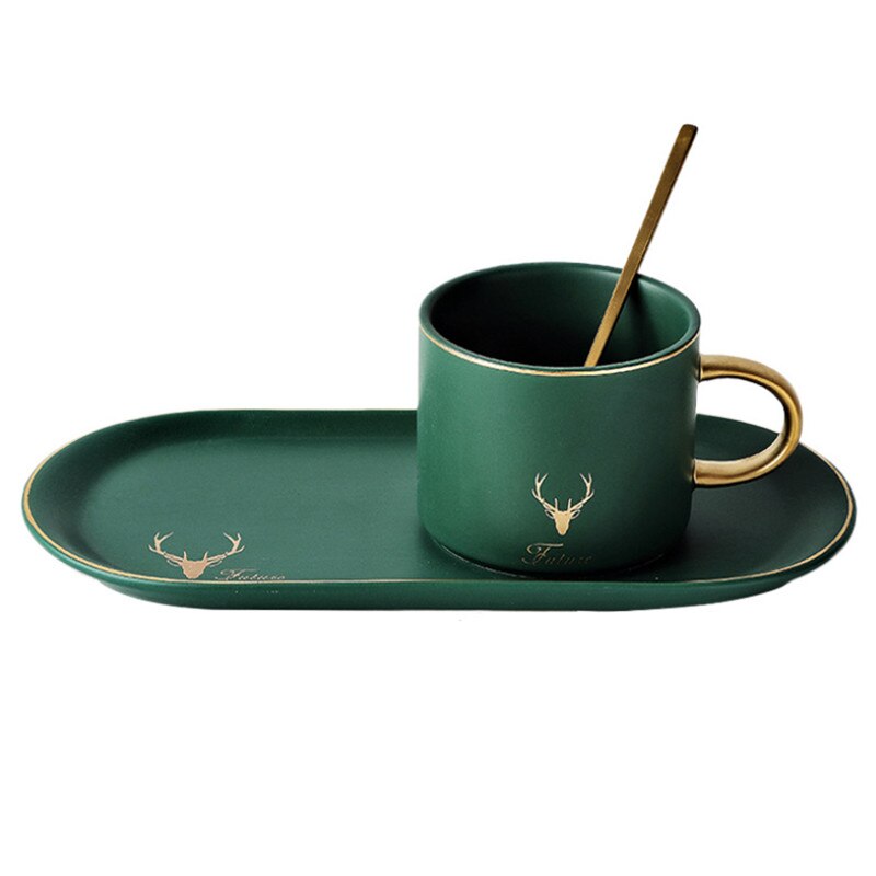 European Phnom Penh Ceramic Coffee Cup with Saucer and Spoon Sets Tea Cup Milk Breakfast Mugs Dessert Plate Cake Tray Drinkware: Green