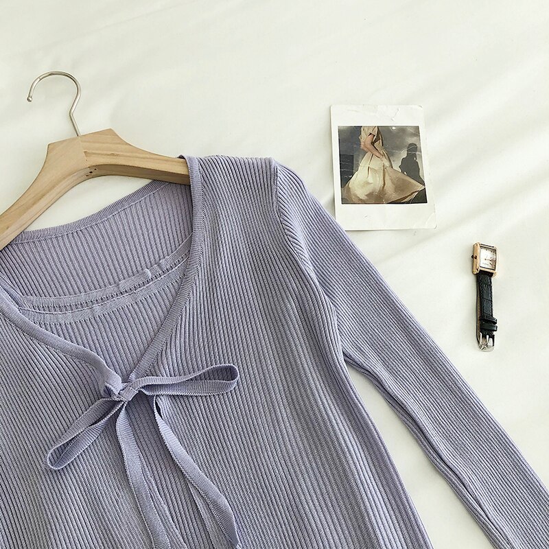 Neploe, conjuntos de cárdigan de punto para mujer, pajarita de manga larga, puntada abierta + básico ajustado, Chaleco Corto con tirantes, trajes de verano 4C691