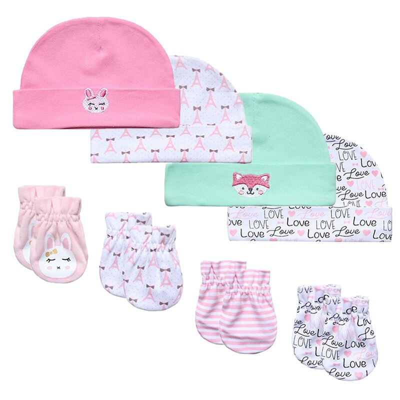 12pcs/pack Newborn Girl Baby Hats&Mittens 100% cotton Lovely Cartoon Infant set
