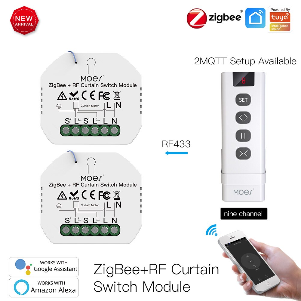 Módulo de interruptor de cortina inteligente Moes ZigBee RF433, para persiana enrollable motorizada, Motor 2MQTT, Tuya, APP inteligente Alexa y Google Home: kit 6
