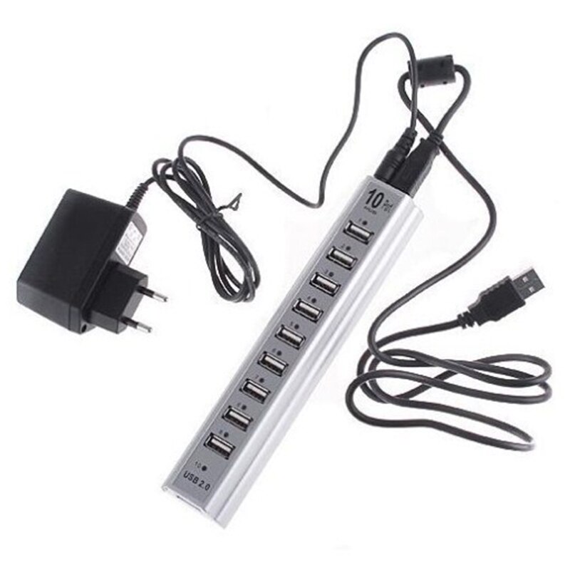 480Mbps High Speed Multiport Splitter Adapter Portable Light Weight 10 Ports USB 2.0 Hub With External Power For PC Laptop: White
