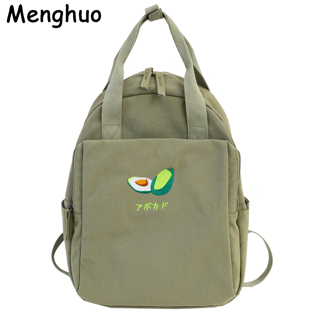 Menghuo Fruit embroidery Women Backpack Little Fresh Waterproof Nylon Solid Color Shoulder Bag Girls Schoolbag for Teenagers