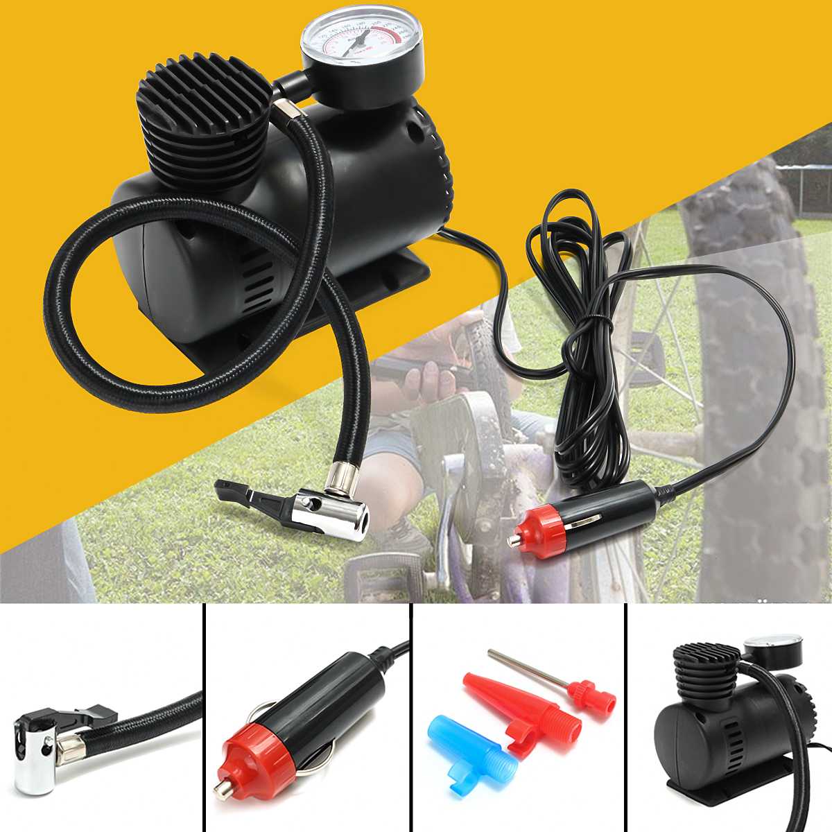 300PSI Portable Mini 12V Air Compressor Auto Car Electric Bike Tire Inflator Pump with 2 Nozzle Adapters Bicycle Accessories