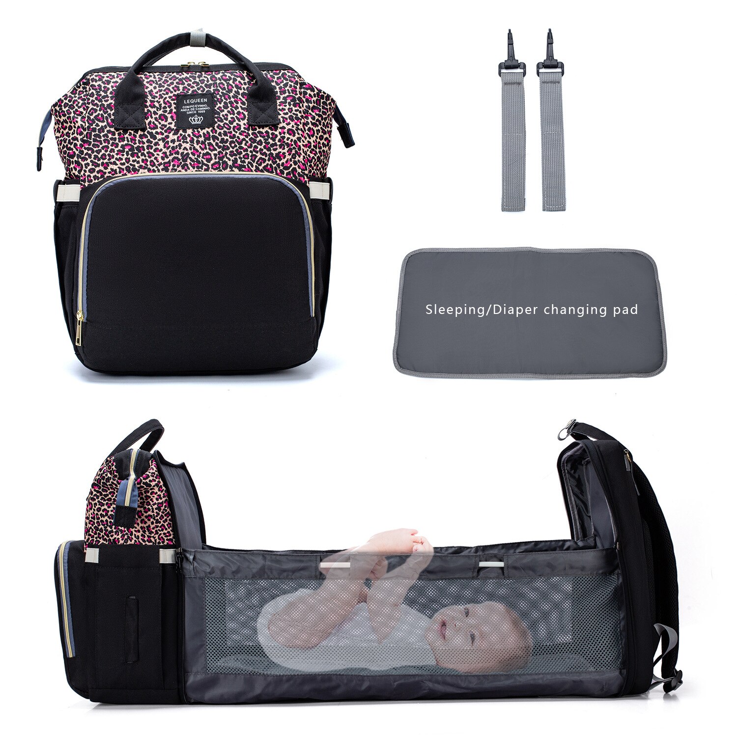 Lequeen – sac à langer en tissu imperméable pour maman, de berceau, sac à dos à crochets pour matelas à langer, sac de lit de maternité LPB22: LPB22-Leopardrose