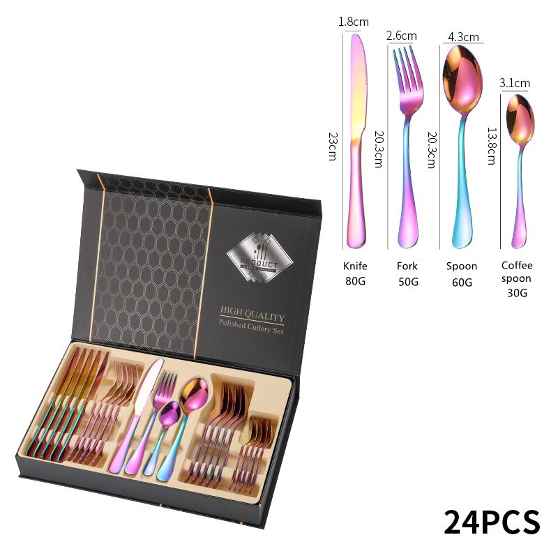 6Set/24Pcs Luxury Flatware Box Set Wedding Banquet Year Family Dinner Cutlery Set Stainless Steel Tableware Set: Rainbow 24Pcs Box