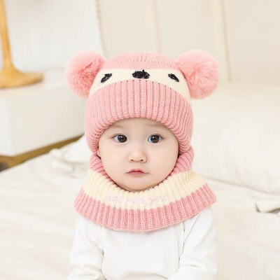 Kindermutsen, babymutsen, babymutsen voor mannen en vrouwen, gebreide mutsen, warme slabbetjes, tweedelige: Roze