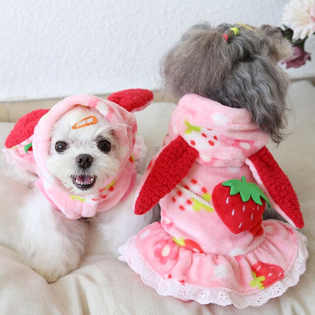 Pink trykt kjole til hunde efterår og vinter jordbær frugtagtig juletøj pet coat pink nederdel hawaiian kjole til kæledyr