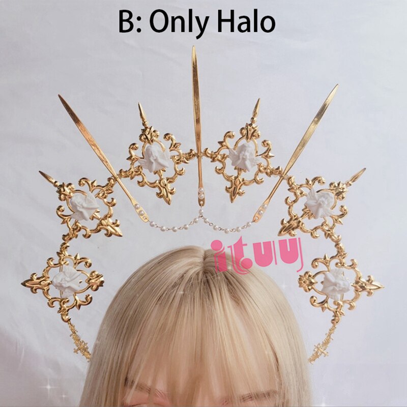 Lolita – bandeau KC Vintage, serre-tête de déesse, ange doré Halo, couronne de mariée vierge marie Halo, chaîne de perles, diadème Baroque: Only Halo B