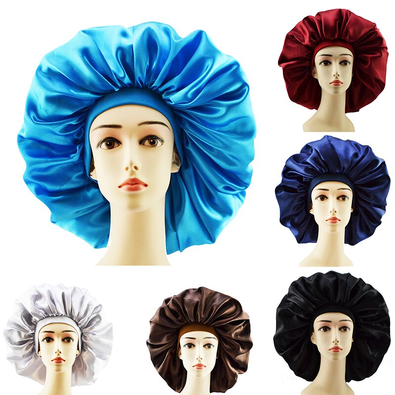 Big Size Satin Silk Bonnet Sleep Night Cap Head Cover Bonnet Hat For Curly Springy Hair