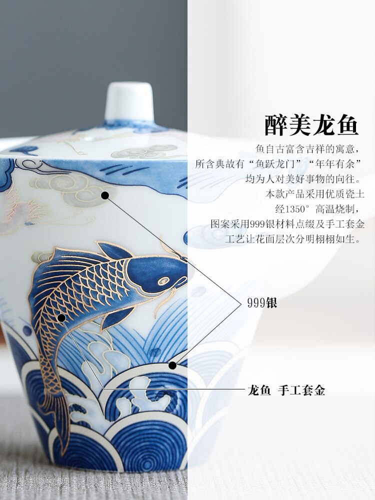 Lovende drage fisk keramisk låg skål te kop blå og hvid porcelæn te skål stor størrelse terrin husholdning kungfu tekop