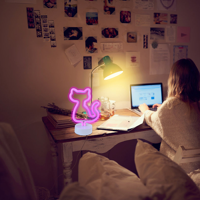 Ineonlife – signe néon Led en forme de chat, rose clair, Kawaii, décoration de chambre, alimentation USB/batterie, lampe avec Base, pour magasin, de noël