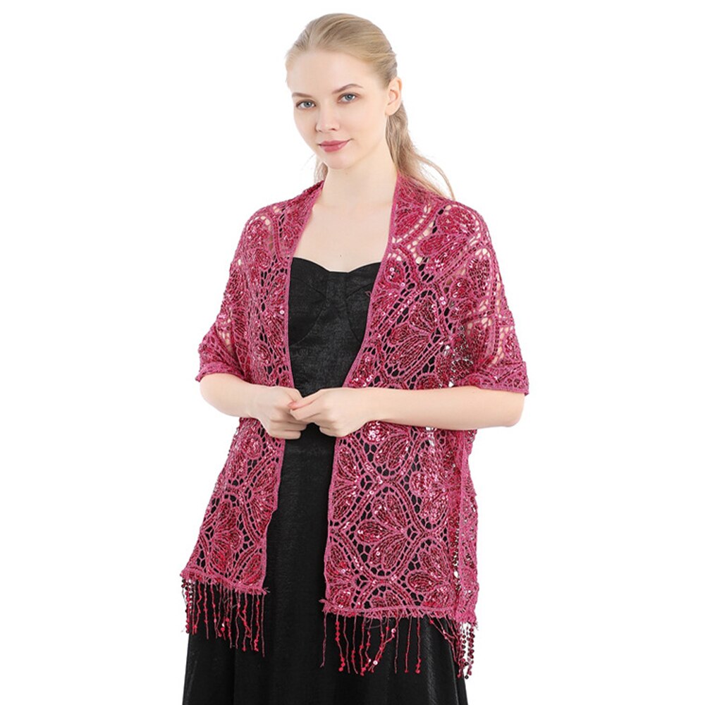 Scialle di pizzo con paillettes vuote da sposa da donna di lusso avvolgere il partito femminile lucido luccichio stola sciarpa da ballo con nappa: caldo rosa