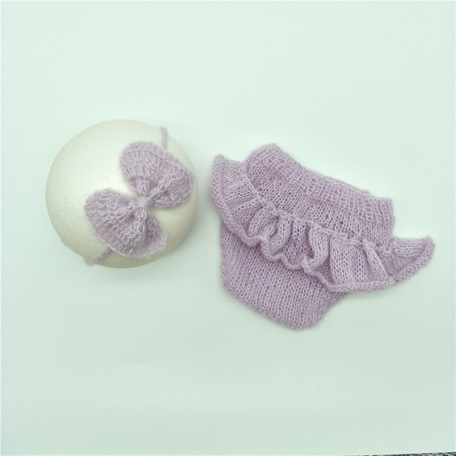 Pasgeboren Mohair Slipje Set Pasgeboren Slipje Bloeiers met Ruches en Bijpassende Hoofdband Pasgeboren Rekwisieten Baby Fotografie Props: lavender