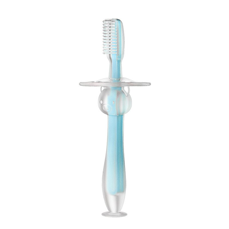 Cepillos dentales de entrenamiento para bebé, cepillo Dental de silicona suave con mango encantador con ventosa, cepillos dentales de entrenamiento sin BPA: Azul