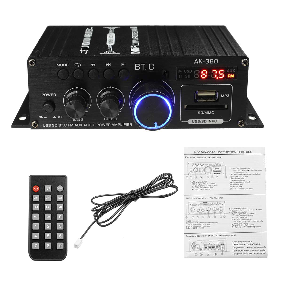 Ak380/ak370/ak170 tehovahvistin audio karaoke kotiteatteri vahvistin 2 kanavaa bluetooth luokan d vahvistin usb/sd aux tulo