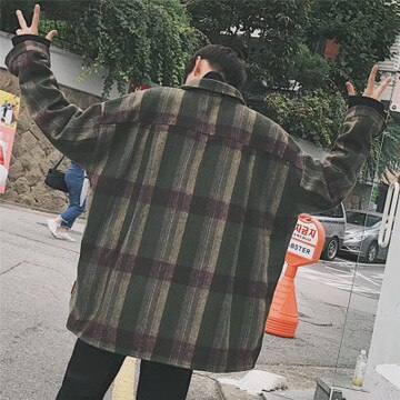 Menns rutete skjorte casual løs ulljakke jakke menn langermet skjorte herreklær streetwear: Grønn / Asia størrelse l