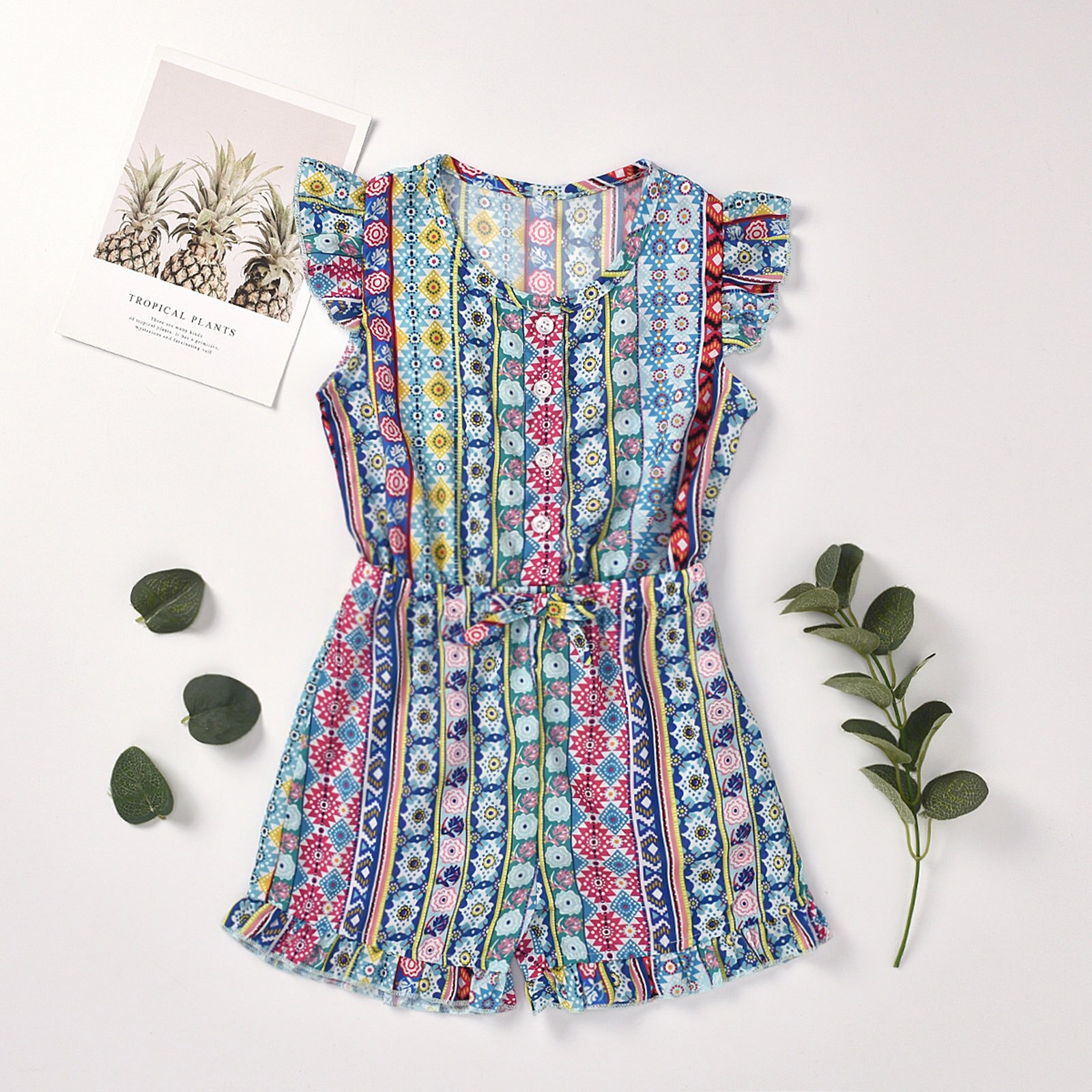 Kids Meisje Overalls Mouwloze Meisjes Romper Boho Patroon Meisjes Jumpsuit Sunsuit Bodysuit Zomer Meisjes Kleding Outfits Met Riem