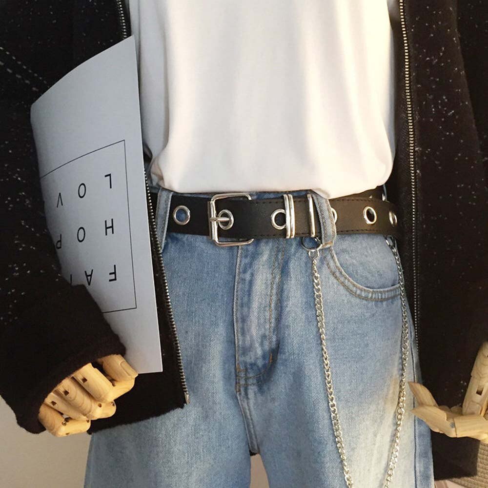 Gothic Punk Rock Zwarte Ketting Verstelbare Metalen Gat Taille Riem Voor Vrouwen Meisjes Harajuku PU Lederen Riem Dames Slim Tailleband