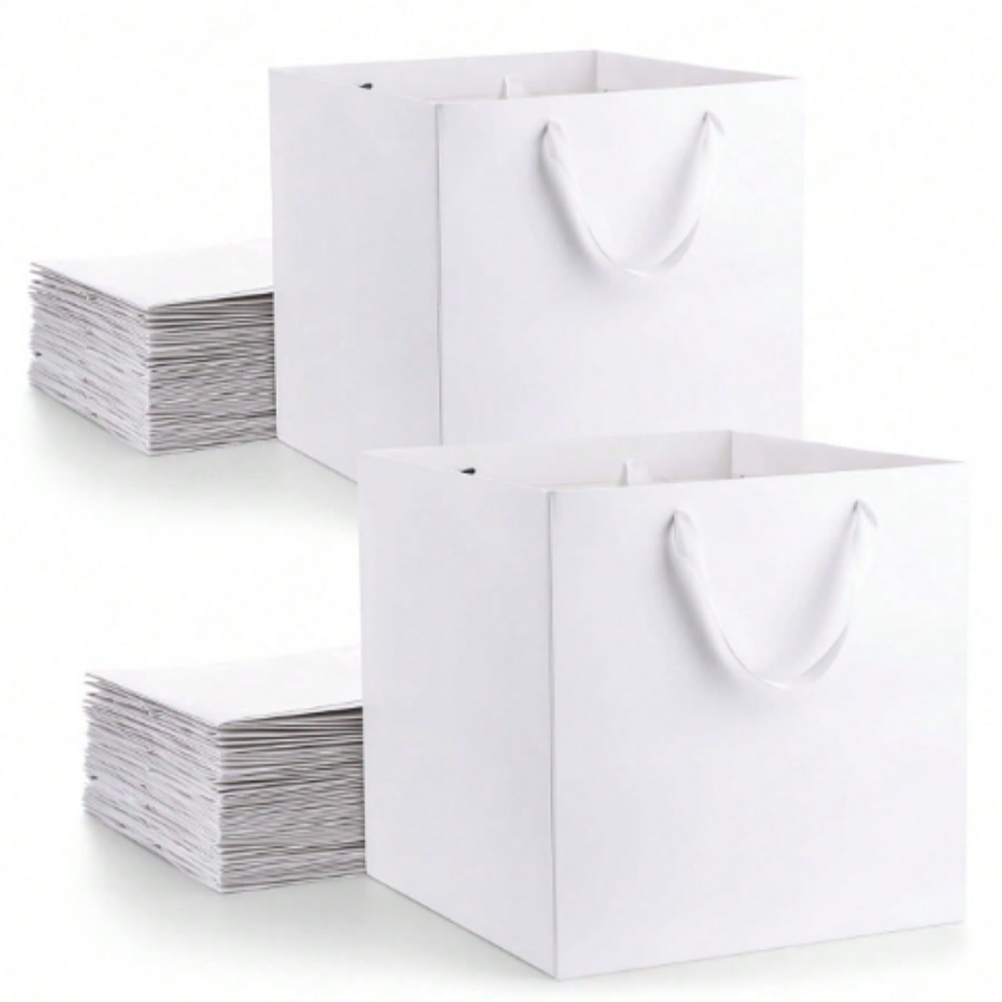 3PCS Large White Kraft Paper Bags with Handles Square Bags Bulk, Large Shopping Merchandise Bags, Wedding Bags, Birthd: WHITE / 9.5x9.5x11cm