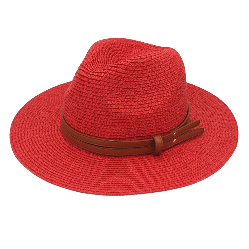 Chapeau d'été en paille pour femmes et hommes, à large bord, solide, Panama, pour la plage, décontracté, fait à la main, Protection UV: red