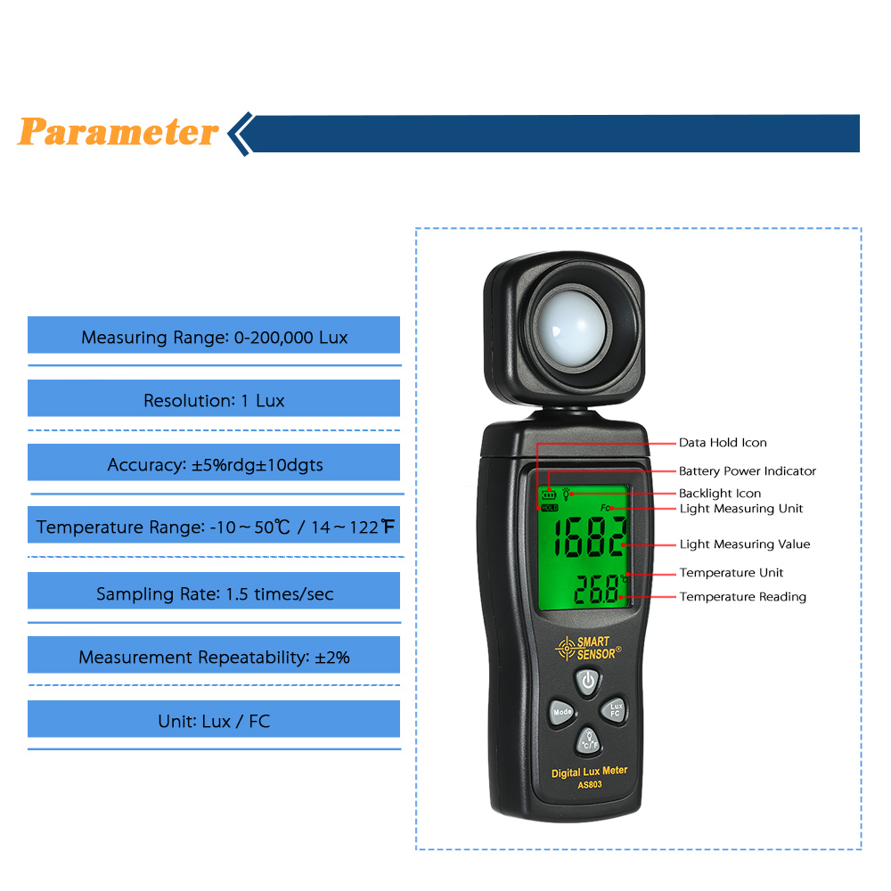 SMART SENSOR Mini Digital Lux Meter LCD Display Handheld Illuminometer Luminometer Photometer Luxmeter Light Meter 0-200000 Lux