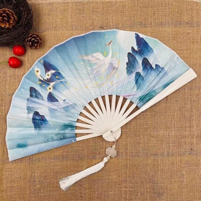 Éventail pliant de style chinois, tissu de danse classique, impression de dragon animal en plastique vintage, ventilateurs à main, accessoires photo, cosplay: Marine