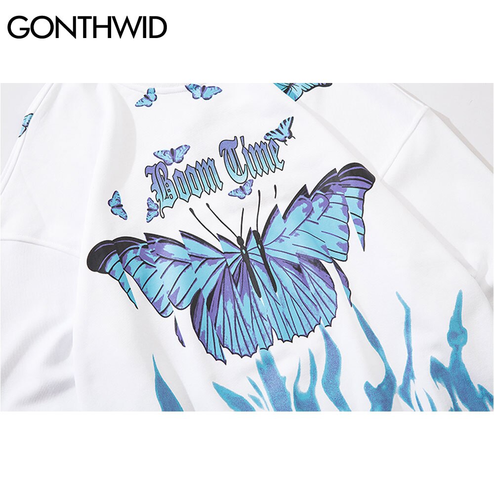 GONTHWID feu flamme papillon imprimer pull sweats à capuche Harajuku Hip Hop décontracté col rond sweat hommes hauts à la