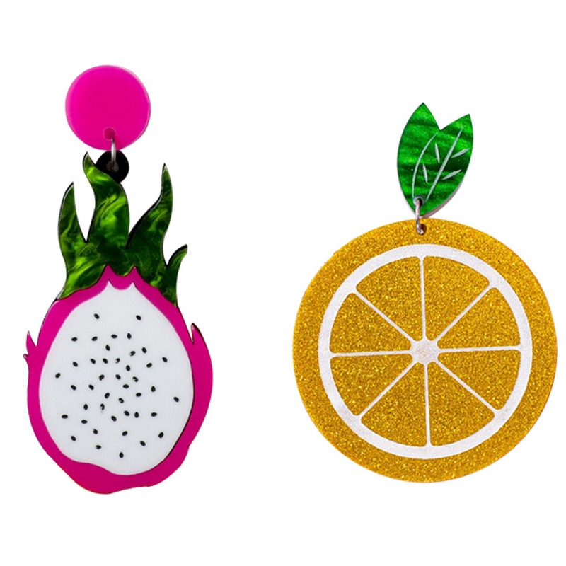 Funny Pitaya Orange Fruit Acrylic Earrings for Women Food Glitter Powder Dangle Earrings Brincos Mujer