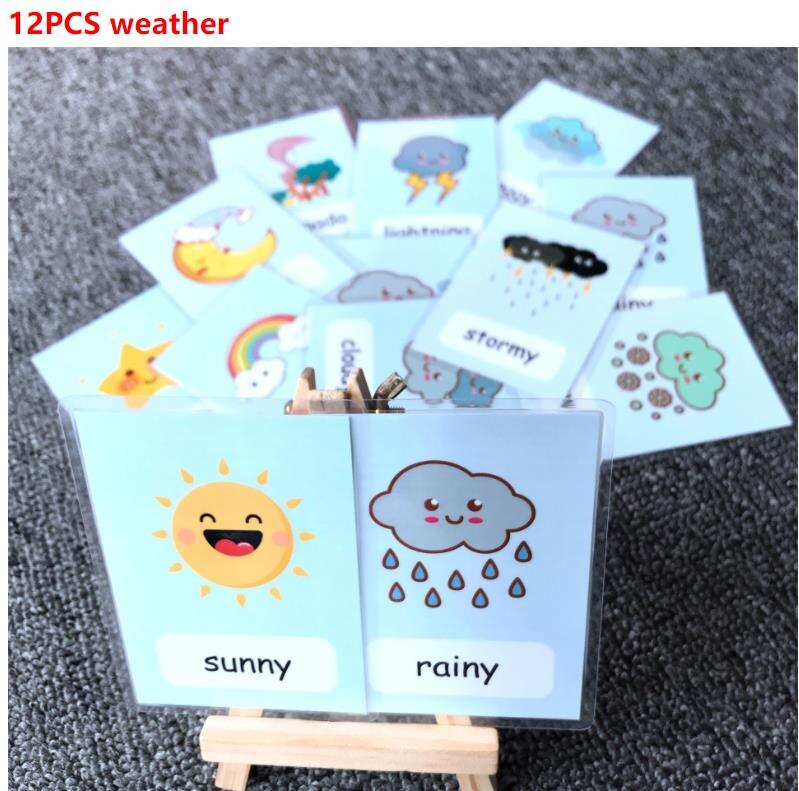 Kids Montessori Baby Learn English Word Card Flashcards Cognitive Educational Toys Picture Memorise Games For Children: 12pcs weather