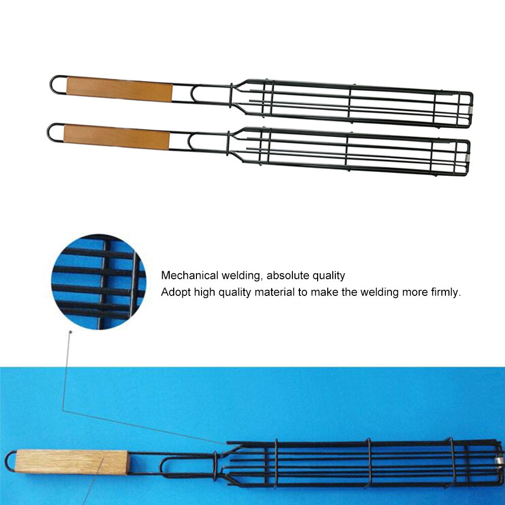 Grilli baari muoto rauta ja puu varta kori käytännöllinen grilli häkki bbq mesh haltija kätevä grilli kori osapuoli camping