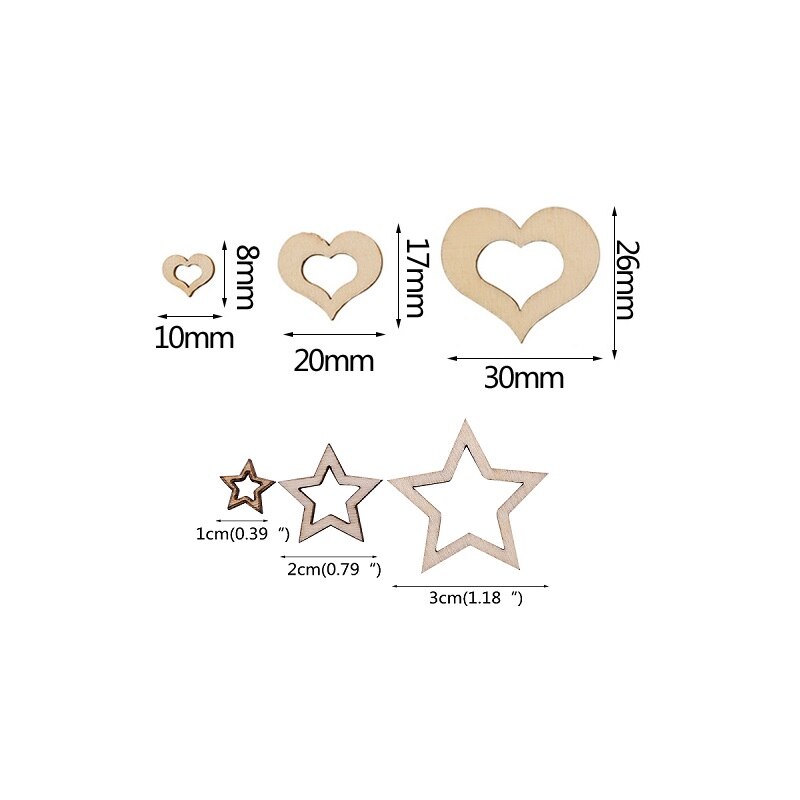 Lot de 1/2/3cm 100 en forme d'étoile en bois, cœur, vintage, chic, pour scrapbooking, décoration de table de mariage, saint-valentin