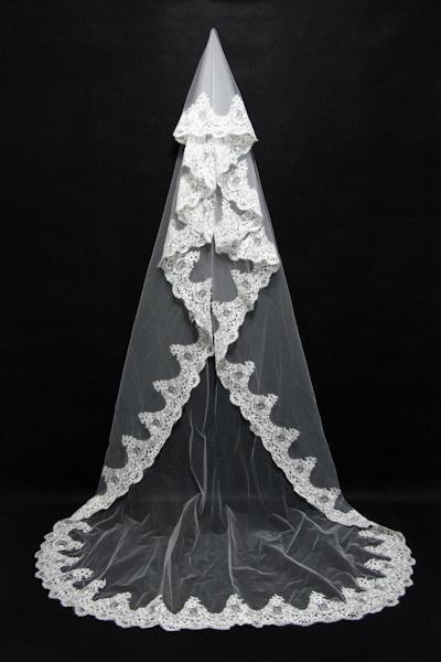 Une couche dentelle bord cathédrale longue mariage voile avec peigne accessoires de mariée pas cher blanc ivoire mariée Welon: cpa068 white
