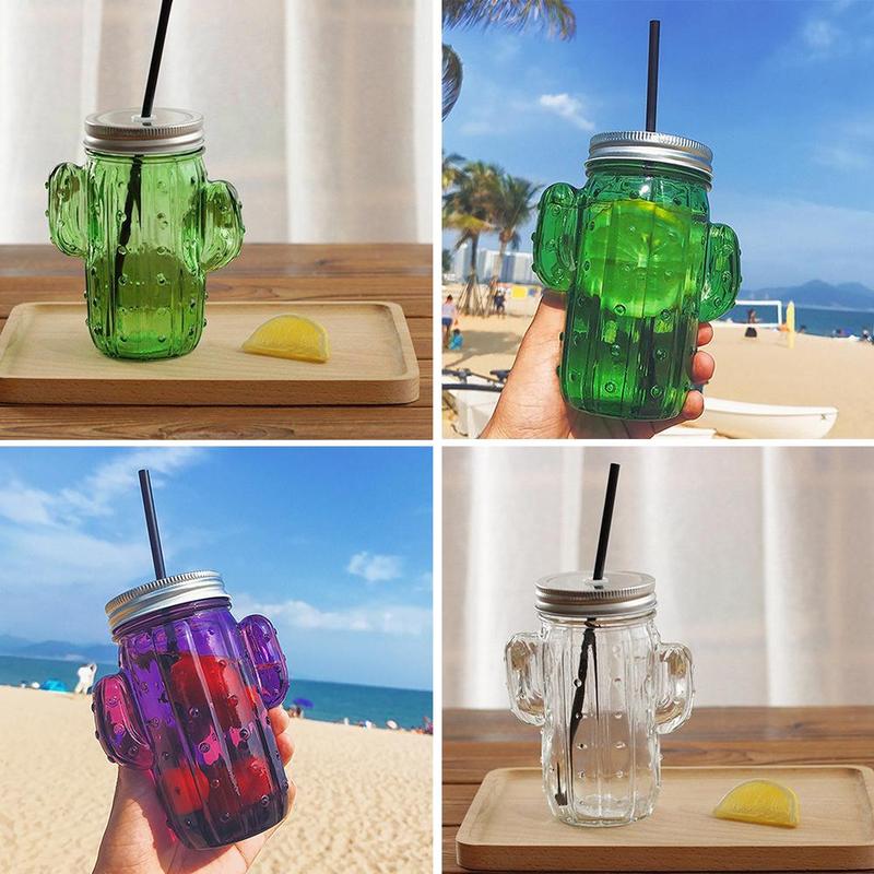 ¡Novedad de ! vaso de agua pequeño con forma de Cactus, Pajita de cristal, vaso de agua para el verano, para el hogar, zumo, bebida fría, vaso de albañil