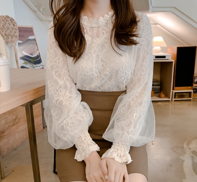 Dingaozlz dames kanten blouse korea stiksels mesh tops lantaarnmouwen wit chiffon shirt blusa