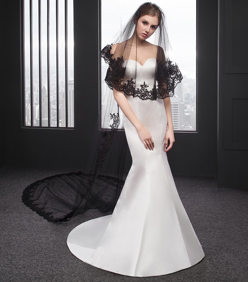 Voile de mariée en dentelle noire à deux couches, 2020x300 CM, Long voile de mariée avec peigne, à la , 150
