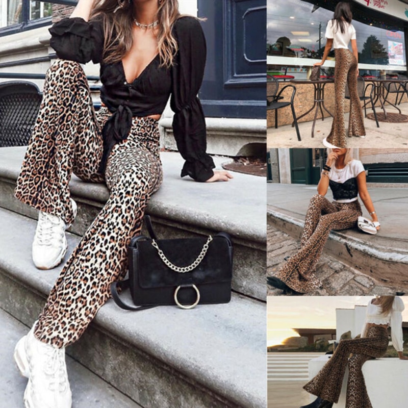 Pantalones acampanados Vintage para mujer, pantalón de cintura alta con estampado de leopardo, ajustados, informales, elegantes, Retro, para y vacaciones