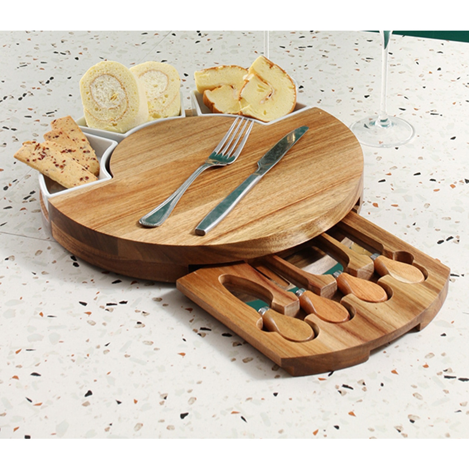 Bamboo Cheese Board Platter and Knife Set Cutting Charcuterie Platter Serving Wooden Tray for Wine Crackers Brie and Meat