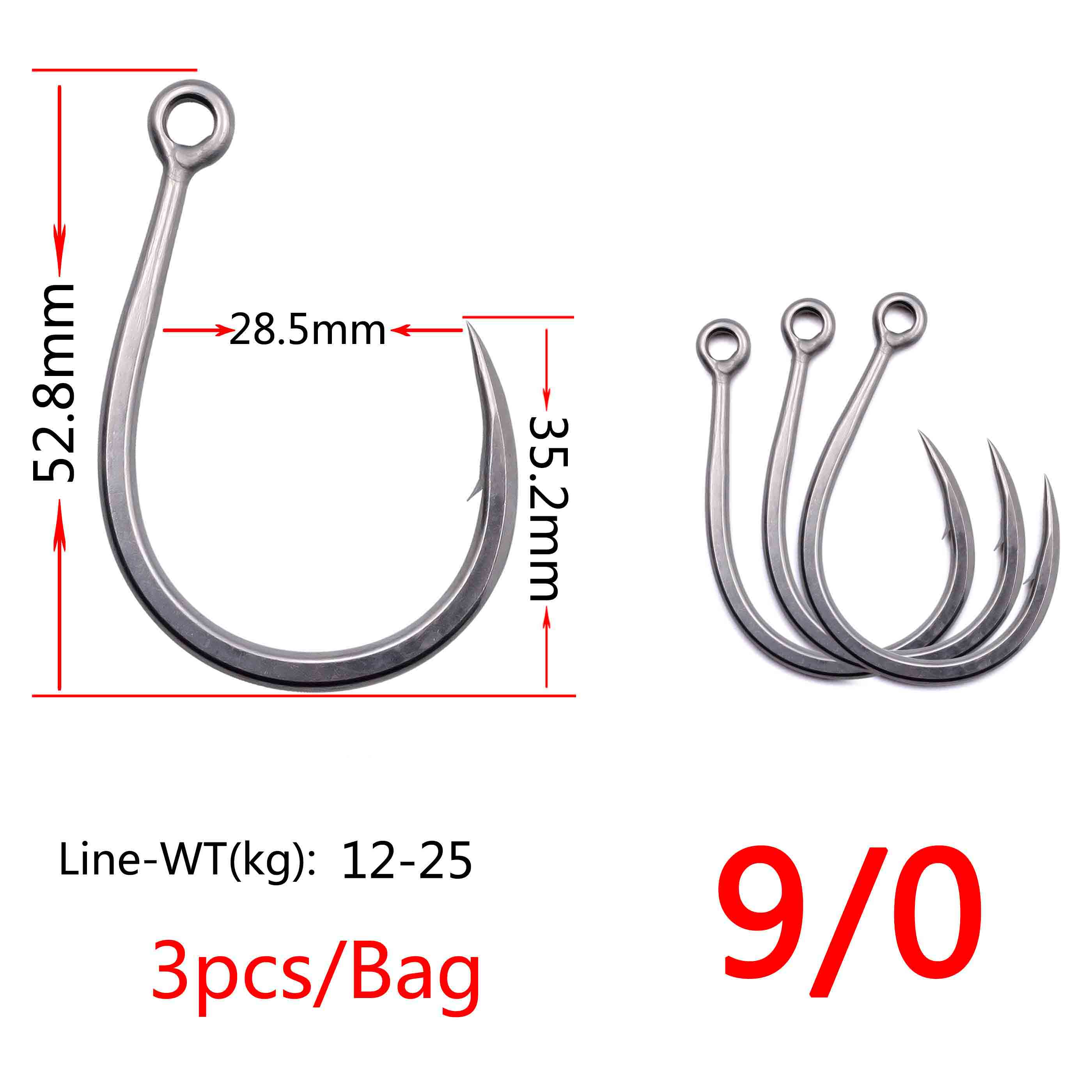 5x #1-#13/0 hameçons simples pour la pêche en mer et la pêche à la traîne, hameçon de pêche au leurre de mer à ardillon solide en acier à haute teneur en carbone: Taille 9-0