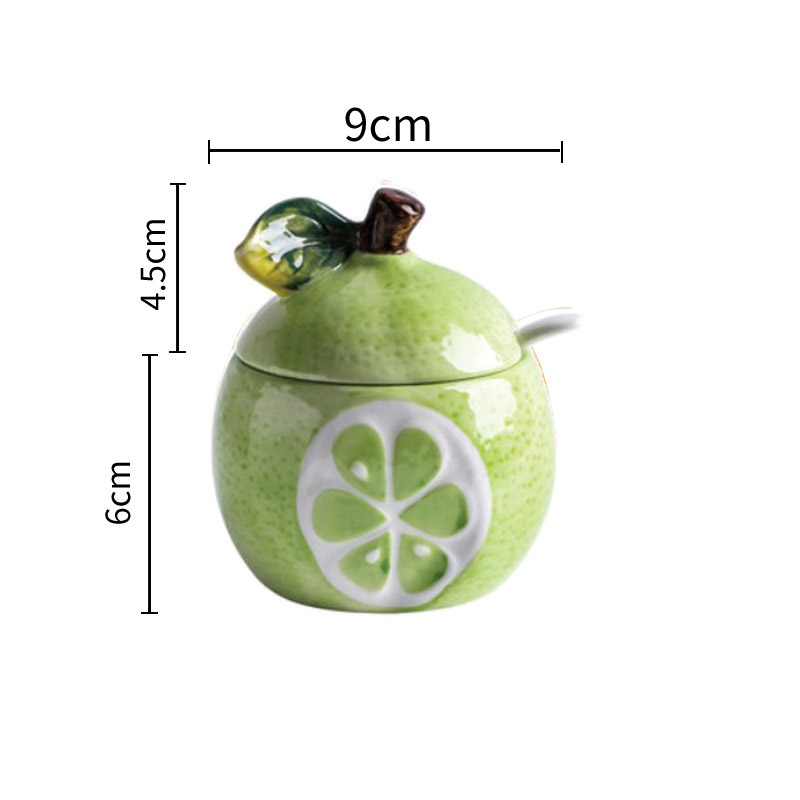 Botella creativa de cerámica para condimentos, recipiente de almacenamiento con forma de melón y fruta, suministros de Decoración de cocina, Bol de azúcar con tapa y cuchara: 7