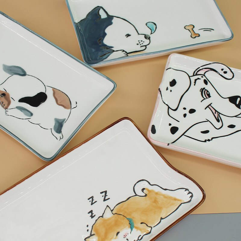 8.5 inch Cute Dog Ceramic Sushi Dish Plate Rectangular Fruit Plate Fish Plate Food Container Dinnerware Crockery