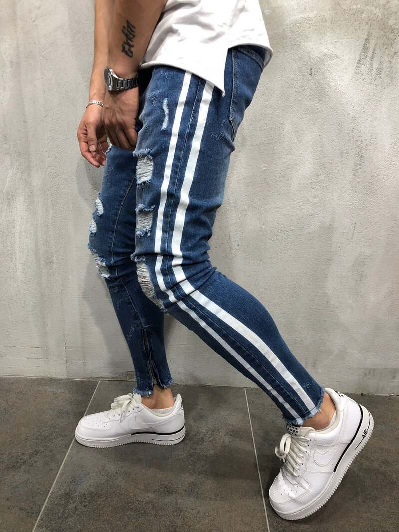 Homme jean slim motard détruit effiloché coupe Denim déchiré Denim pantalon rayure latérale Jogging crayon pantalon