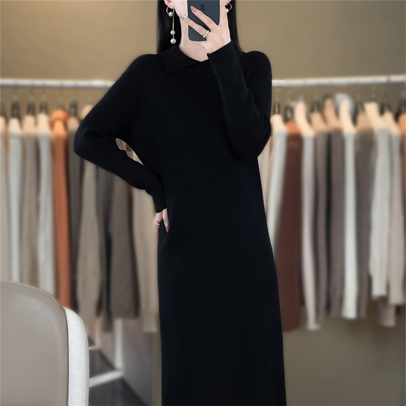 Women's boutique POIO collar long sleeved dress autumn and winter knitted cashmere sweater Women's solid color pullover long