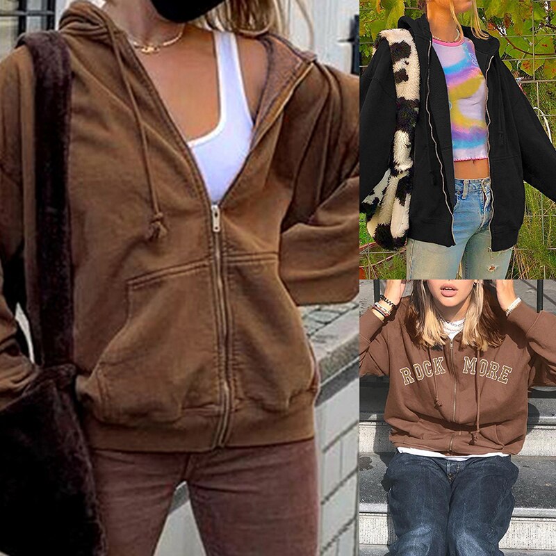 Brun lynlås sweatshirt vinterjakke tøj oversize hættetrøjer kvinder plus størrelser vintage lommer lange ærmer
