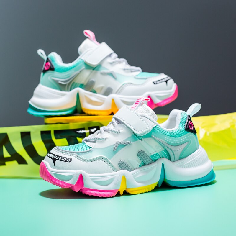 Høst barnesko regnbue sportssko til jenter chunky sneakers pustende mesh fritidssko til barn